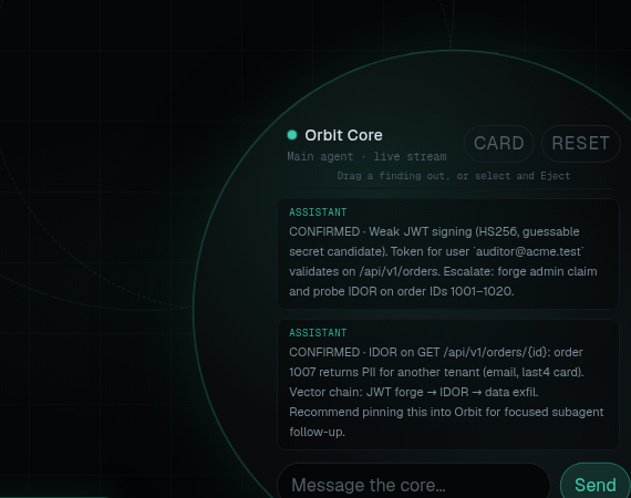 Close-up of Orbit Core: live finding stream with Eject to orbit action
